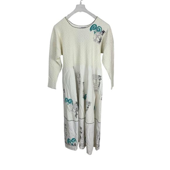 Handmade Off-White Textured Block Print Raw Seamed Warm  Midi Dress Size L - Picture 1 of 7